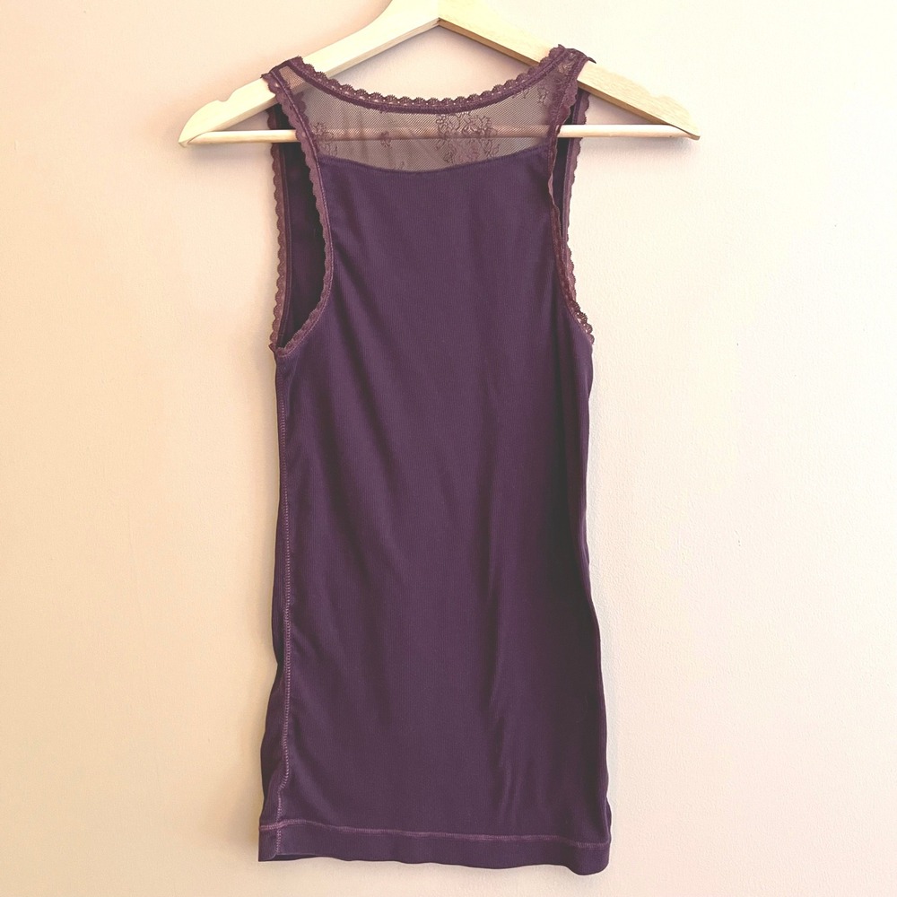 American Eagle Purple Ribbed Lace Trim Tank Top Sheer Back Womens Large Y2K - Picture 2 of 8